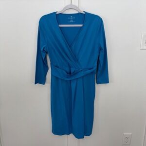 Talbots Petite Turquoise Blue 3/4 Sleeve V-Neck Faux Wrap Dress Classic MP